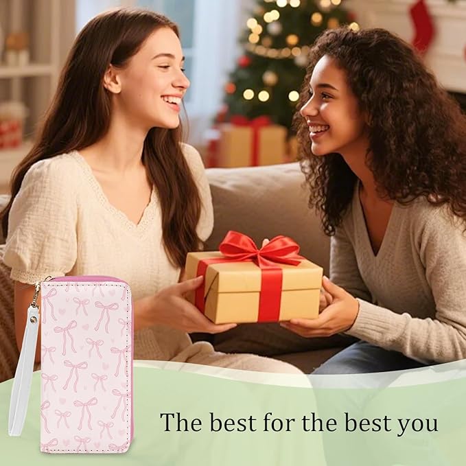 Pink Bow Wallet for Women - Slim PU Leather Womens Wallet with Cash Zipper Coin Purse, Small Credit Card Holder Travel Wallet, Wristlet Wallets for Female Ladies Teen Girls Purse (Girly Gift)