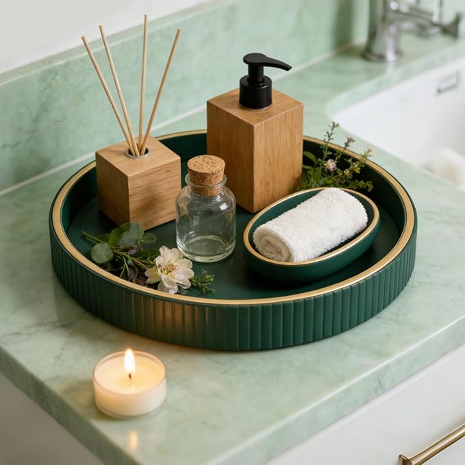 SANZIE Leather Tray Desktop Storage Organizer Premium Serving Tray Decorative Tray Valet Tray for Sundries Cosmetics Keys Phone Wallet Cutlery (Green Disc)