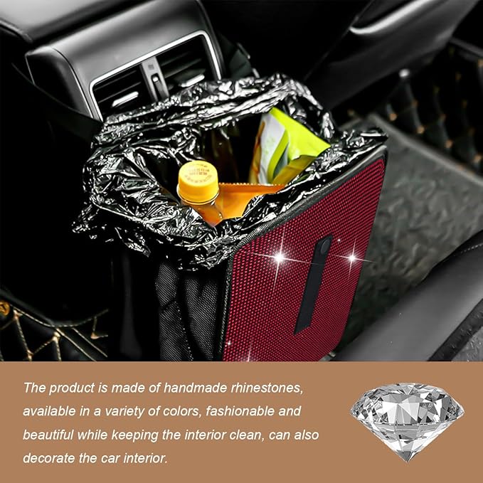 Car Trash Can, Bling Rhinestone Crystal Waterproof Hanging Garbage Bag for Car Interior, Oxford Leakproof Foldable Waste Organizer Trash Bin Universal for Most Vehicles (Red)