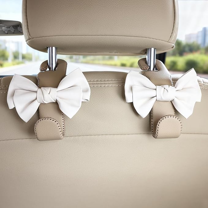 Car Purse Hook, Cute Bow Hooks for Headrest - Leather U-Shaped Purse Holder for Car, Flexible Seat Back Organizer & Durable Vehicle Accessories for Bags, Coats & More (Beige-2 Pack)