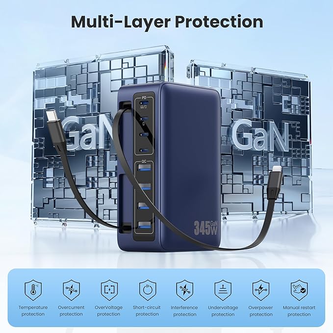 345W USB C Charger 10 in 1 Retractable Wall Charger with 2 Cables,GaN 6 USB C Charging Station Phone Charging PD Laptop Charger Adapter for MacBook Pro/Air,DELL,iPhone17/16/15,Galaxy S24,Android etc