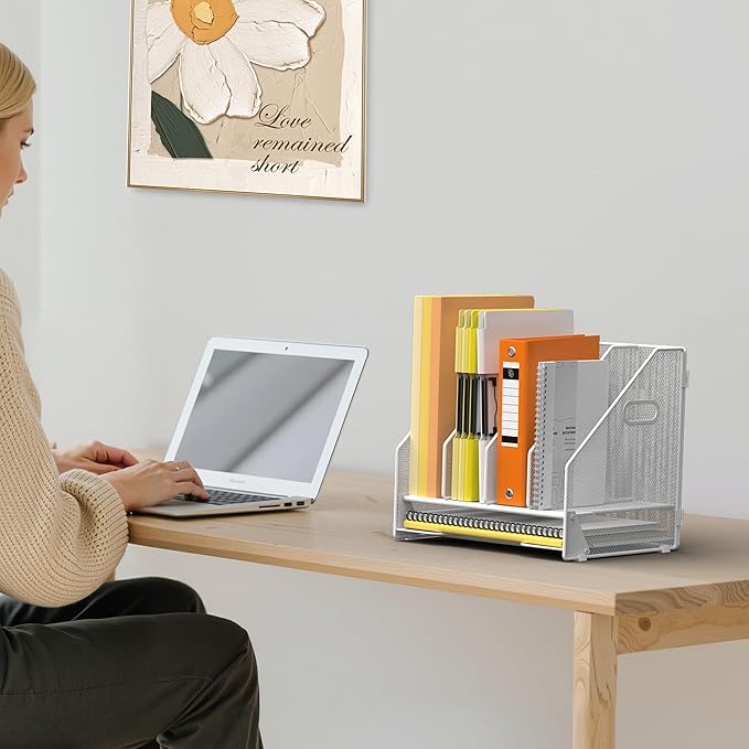 Docnest Desk File Holder Sorter, 4 Vertical Compartments Rack with Letter Tray, Mesh Magazine File Holder with Handle,Workspace Organizers,Desk Organizers for Paper, Mail, Documents-White