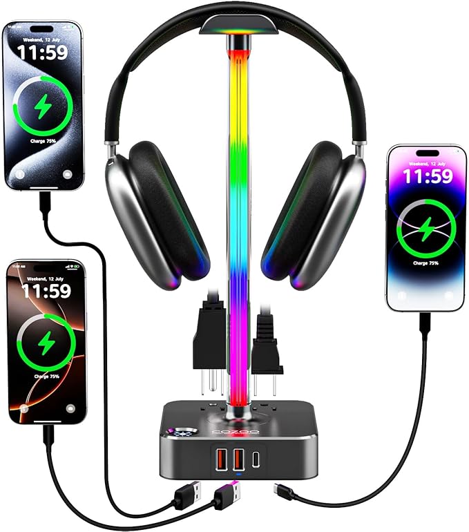 cozoo Gifts for Gamer Men All-in-One RGB Headset Stand & Charging Station | 3 USB Ports, 2 Outlets, Metal Space Gray | Gaming Equipment, Game Room Setup, Christmas Gifts for Him,Teen Boys,Tech Lovers