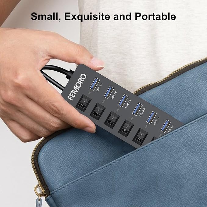 Powered USB Hub 3.0, 5Gbps Data Transfer 7 Ports and 12W Charging-only 1 Port with 5V/3A Power Adapter 4Ft Long Cable & Individual Switches for Laptop PC Flash Drive External SSD HDD Keyboard Mouse