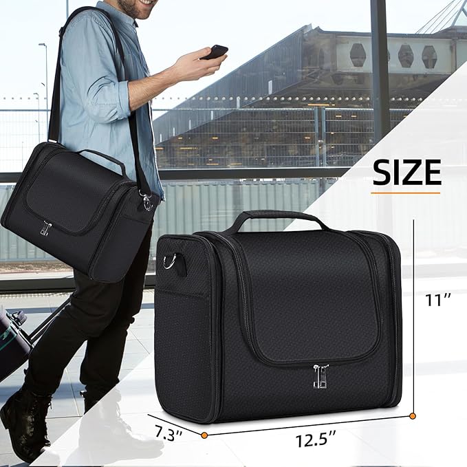 Buruis Extra Large Toiletry Bag for Women and Men, Hanging Travel Bag with Detachable Shoulder Strap for Full-Sized Toiletries, Water-Resistant Dopp Kit for Family Use and Long Trips, Black