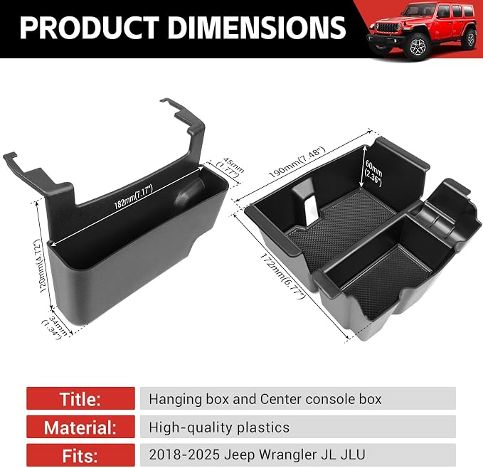 Center Console Hanging Organizer for 2018-2025 Jeep Wrangler JL JLU 4XE/Gladiator JT Center Console Armrest Box Storage Tray for Wrangler&Gladiator(Hanging+Center Console Armrest Organizer)
