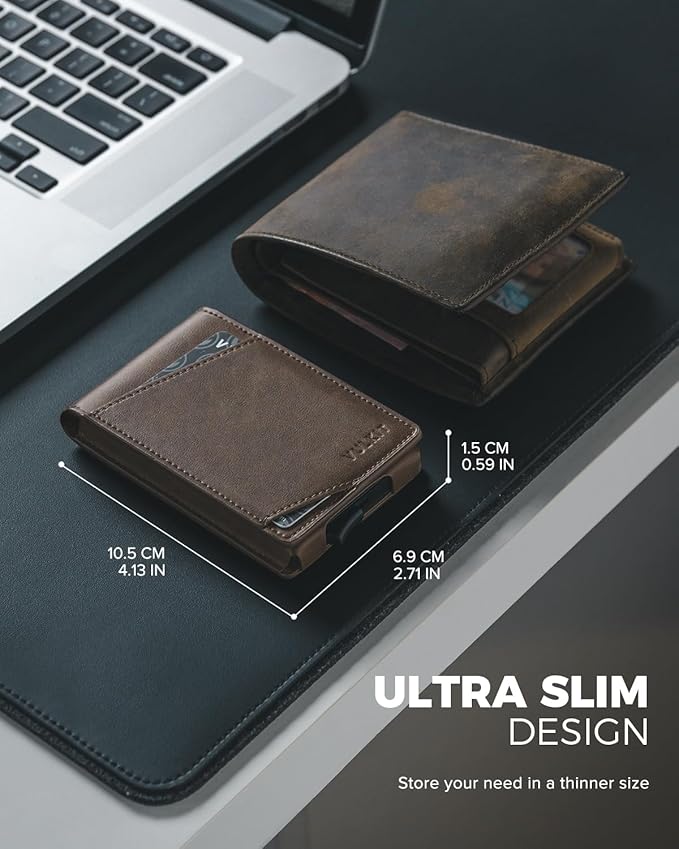 VULKIT Pop Up Wallet for Men, Credit Card Holder Minimalist Slim Bifold Wallets RFID Blocking with Gift Box Espresso