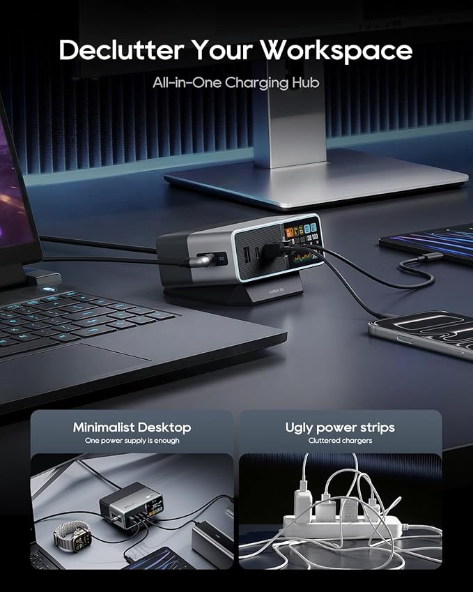 CUKTECH 30 Ultra Desktop Charging Station, 300W Max DC and 140W USB C Charger, 5-Port Fast GaN Charger, Compatible with iPhone, Galaxy, MacBook, Razer, Dell for Home Office, Gaming Desk Accessories