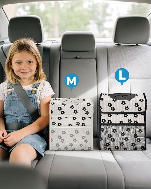 Corduroy Car Trash Can with Lid and Mesh Pockets - Leakproof Organizer,Multipurpose Waterproof Garbage Can/Trash Bin for Car(Black Floral-3 Gallons)