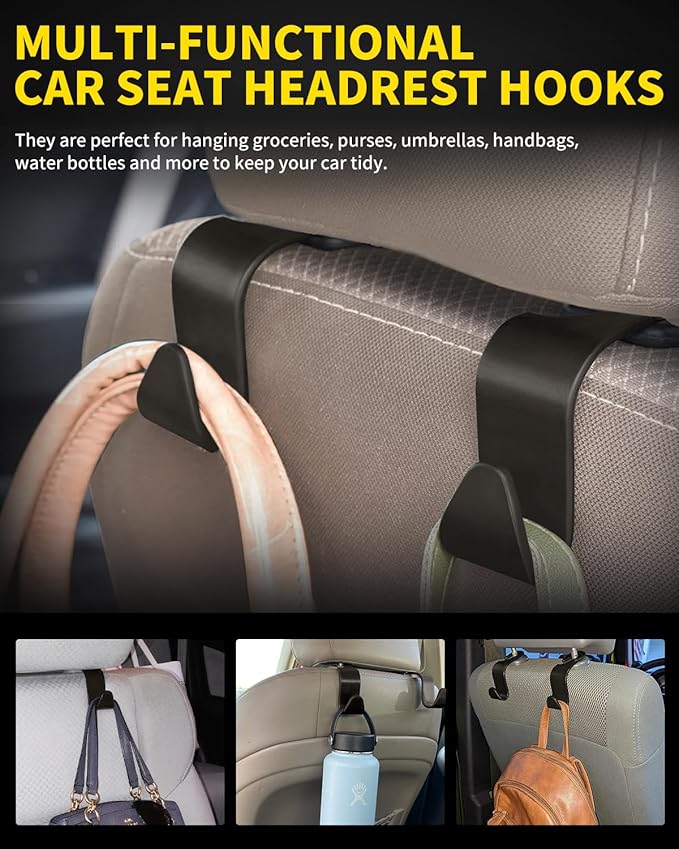 8 Pack Car Seat Headrest Hooks with 44 Pounds Load Capacity, Hangers Storage Organizer Universal Car Interior Accessories for Handbags Water Bottles Purse Coats Umbrellas, Brown