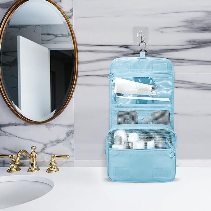 Large Capacity Toiletry Bag Travel Bag with Hanging Hook for Men and Women Waterproof Travel Cosmetic Bag Bathroom Storage Bag for Brushes Set, Full-Sized Shampoo,Accessories(Baby Blue)
