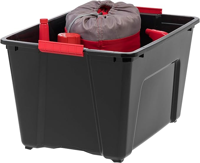 IRIS USA 51 L (54 QT) Plastic Storage Box with Lid and Latches - 4 Pack - BPA-Free, Garage Organizing Solution, Durable Nestable Stackable Containers, Secure Pull Handle - Black
