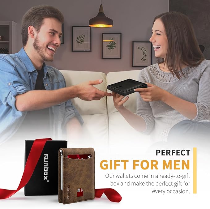 RUNBOX Slim Wallet for Men Genuine Leather RFID Blocking Bifold Minimalist Front Pocket Mens Wallet with Money Clip Thin Gift Box