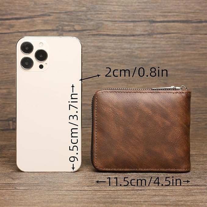Eagles PU Leather Mens Compact Bifold Wallet, Vintage Zipper Wallet Closure with Detachable Card Case, 2 ID Windows & Snap Coin Pocket for Daily Travel Use (Brown)