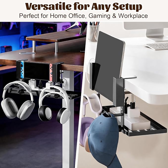 Desk Side Storage Organizer, Under Desk Laptop Mount, Clamp-On Vertical Laptop Holder, No Drill Metal Shelf with Headphone Hook & Power Strip Holder, Black