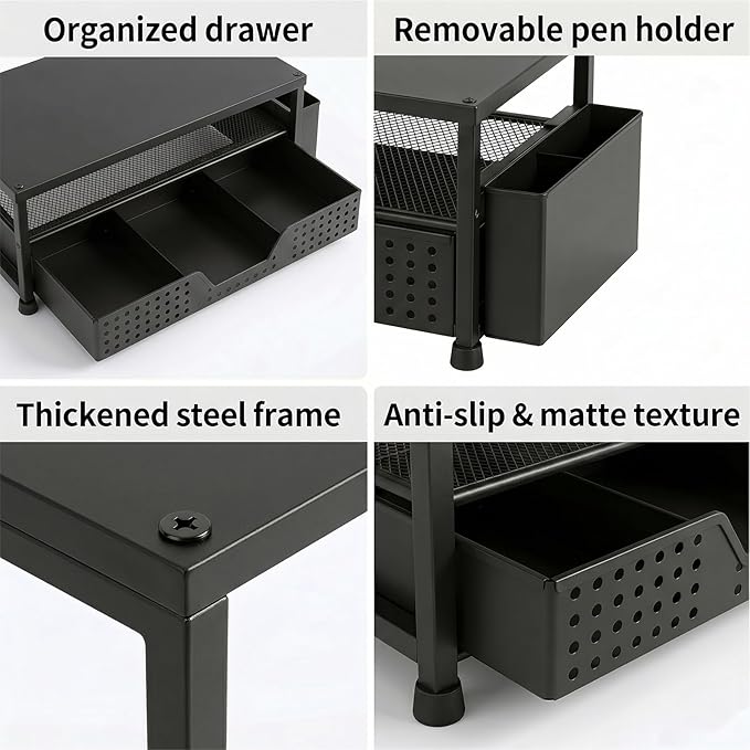 ECOLOVI Desk Organizer and Accessories, 2-Tier Computer Monitor Stand Rise with Storage Drawer & 2 Pen Holders, Laptop & Printer Stand for Desktop, Workspace Organizers for Office Supplies (Black Wood)