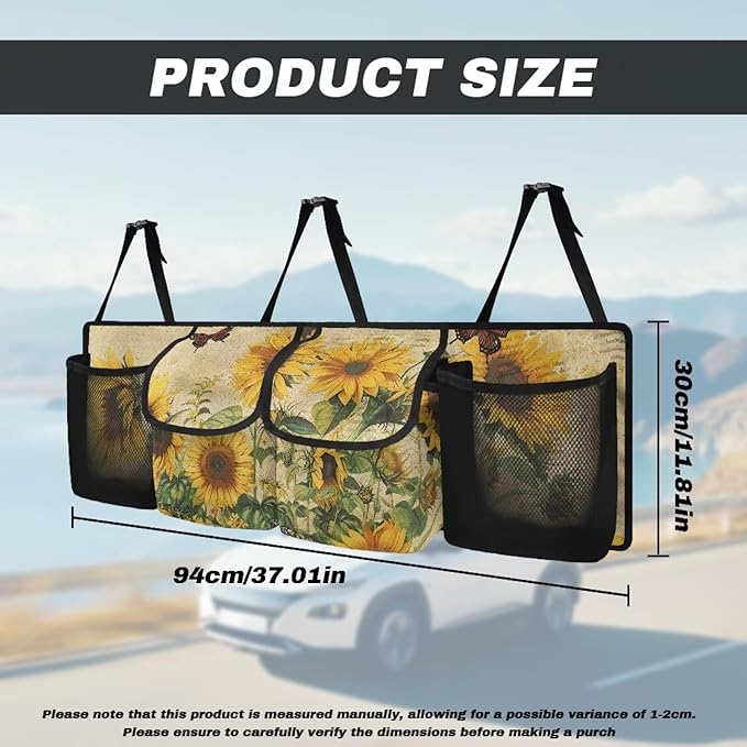 Yellow Sunflower Car Trunk Organizer, Backseat Hanging Large Storage with 4 Pockets & 3 Adjustable Straps Waterproof Cargo Bag Provides More Space for Groceries