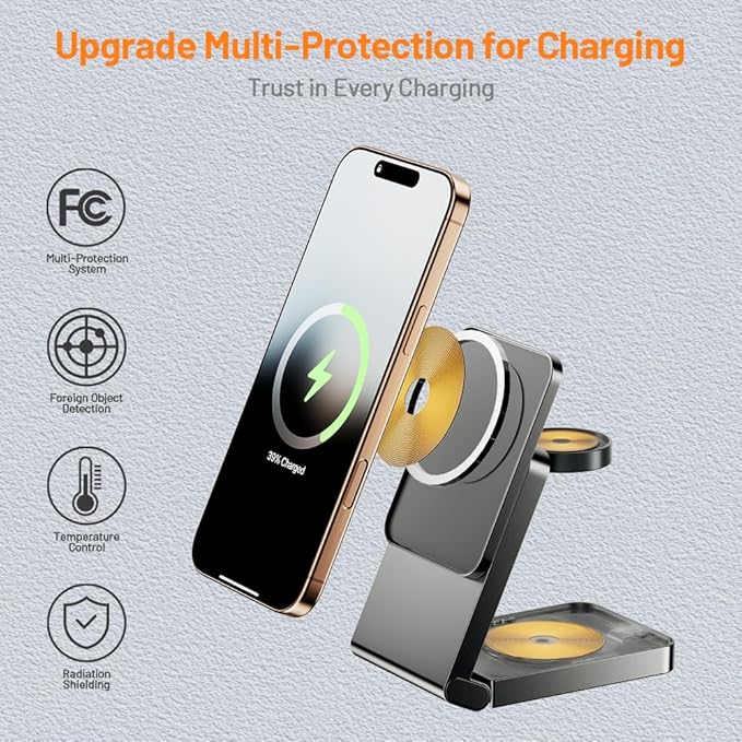 3 in 1 Wireless Charger Station for Multiple Devices, Foldable Magnetic Charging Stand, Portable Fast Travel Wireless Charger for iPhone17/16/15/14/13/12 Pro Max/ AirPods2/3/4 and IWatch Ultra Series