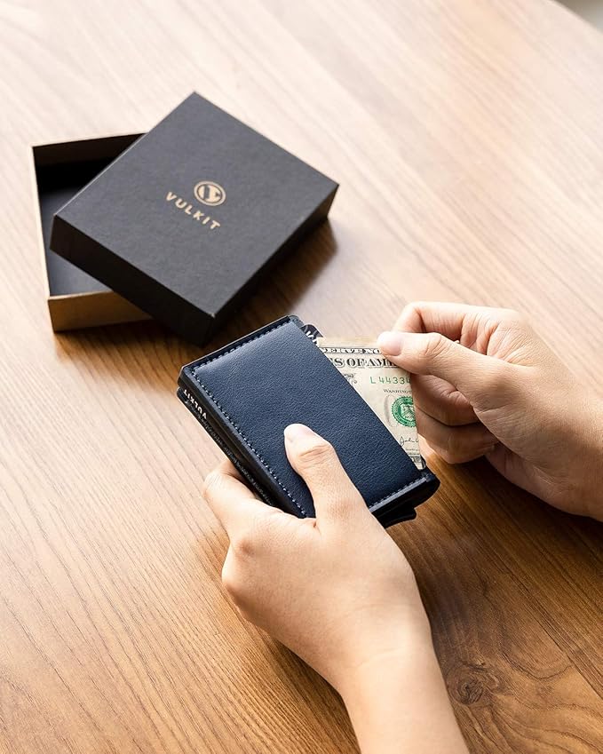 VULKIT Credit Card Holder RFID Blocking Leather Automatic Pop Up Wallet Aluminum Pocket Business Card Case