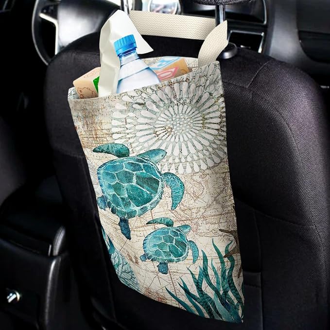 Car Trash Bag Hanging No Snap Small Garbage Bag for Car Back Seat Cute Printed One-handed Strap Trash Bags Car Accessories-Sea Turtle Car Trash Bags