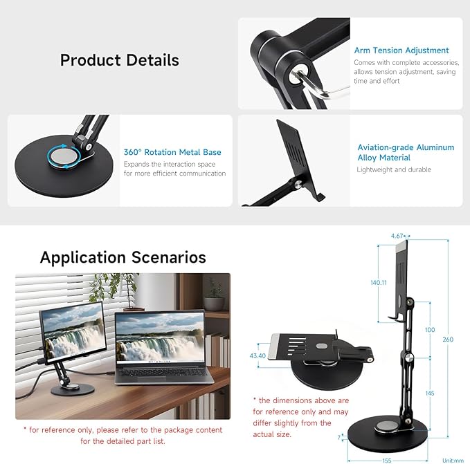 Waveshare Portable Monitor Adjustable Stand, Compatible with 4~18.5inch Monitors, Supports Multi-axis Rotation, Weighted Base and Ergonomic Design, Foldable for Easy Storage