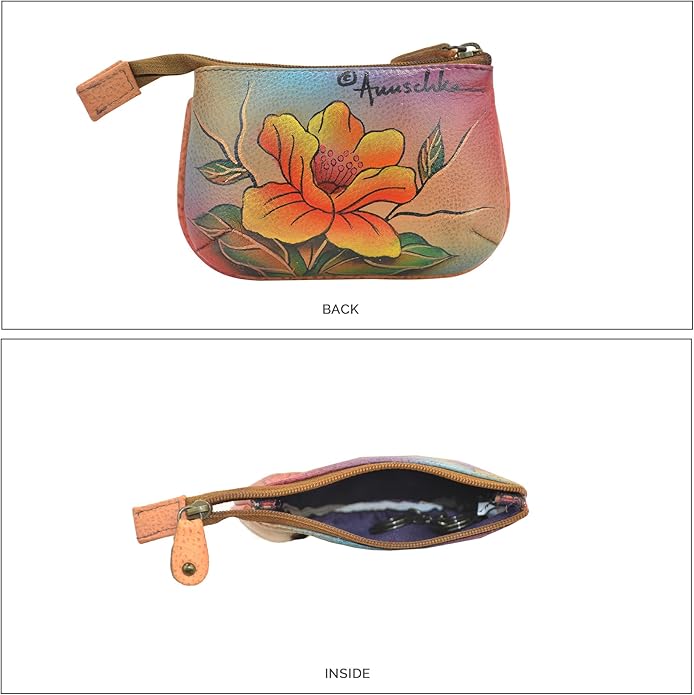 Anuschka Women’s Hand-Painted Genuine Leather Medium Zip Pouch - Coin and Key Pouch - Zippered, 2 Key Fobs