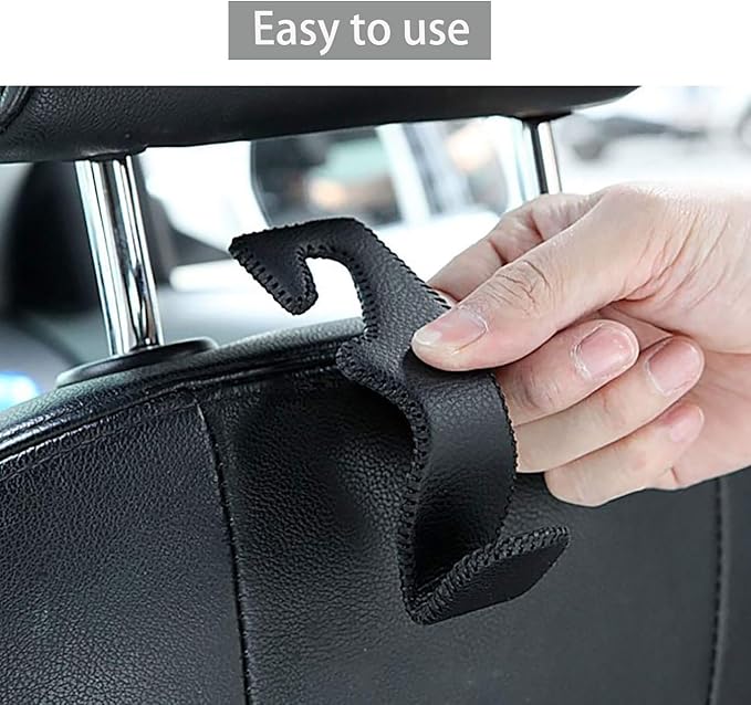 AMVOYOA Headrest Hooks for Car, Back Seat Organizer Black Leather Hanger Holder Hook, for Hanging Purses and Bags and Coats, Pack of 4
