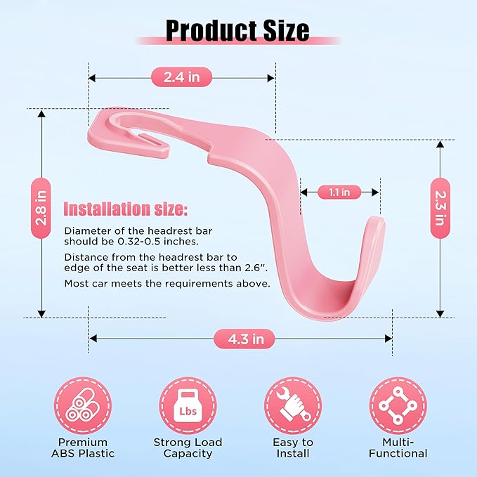 Amooca Car Seat Headrest Hook 4 Pack Hanger Storage Organizer Universal for Handbag Purse Coat Universal fit Vehicle Car Pink with Clip