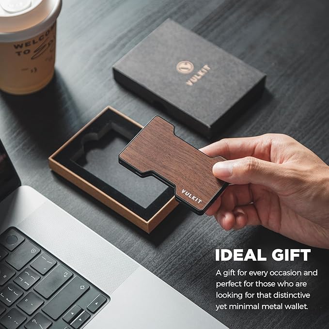 VULKIT Men's Metal Wallet with Money Clip Slim Credit Card Holder, Minimalist Business Card Case Front Pocket Wallet for Men(Wood)