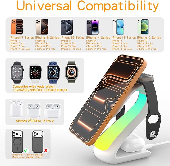 4-in-1 Wireless Charging Station for Apple Magsafe Charger Stand,Fast Magnetic Wireless Charger Station for iPhone 17 Air 16 15 14 13 12 Series,Airpods Pro,Apple Watch Ultra