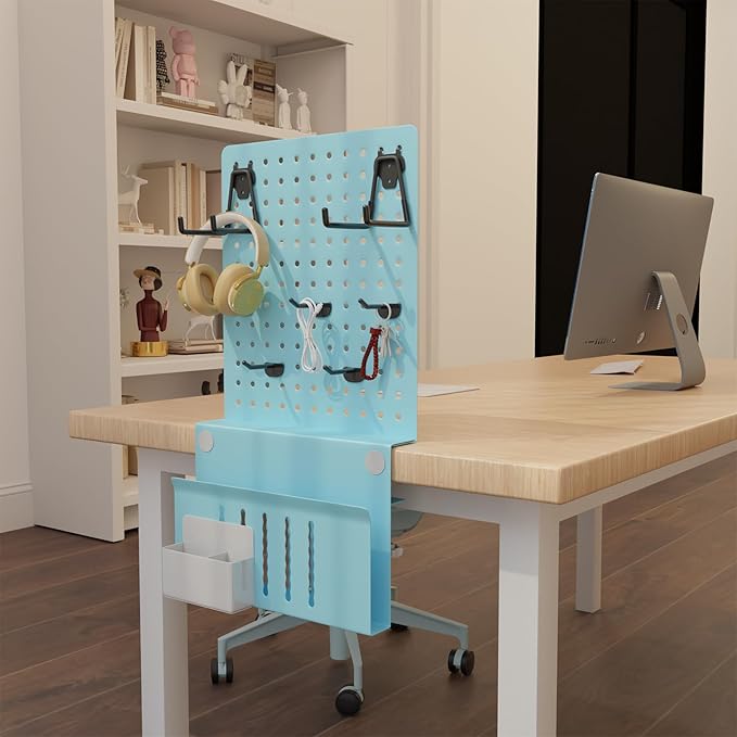 Desk Side Storage with Clamp-On Desk Pegboard, Steel Privacy Panel, No-Drill Desk Organizer with Pen Holder, Table-Side Laptop Holder for Office and Home (Blue)
