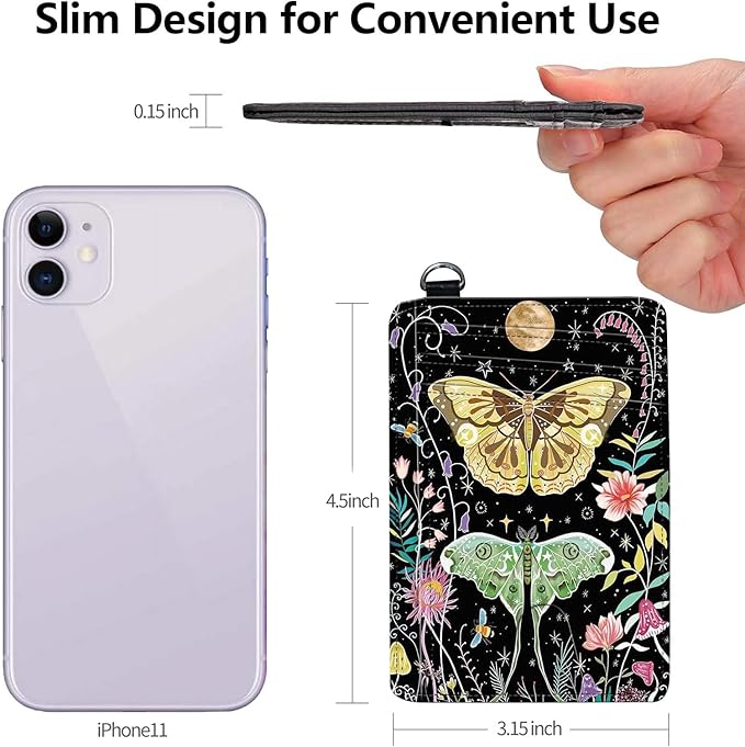 Slim RFID Blocking Card Holder Wallet with Wrist Strap - Minimalist Front Pocket Wallet, Colored moth Design, PU Leathe, for Men & Women, Ideal for Travel & Gifts