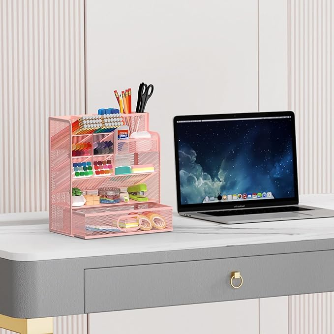 Pen Organizer for Desk - Multi-Functional Pencil Holder with Drawer Desk Organizers, Large Capacity Storage for School Office Home Supplies (Pink)