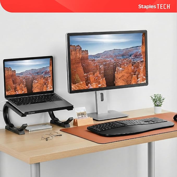 STAPLES Adjustable Steel Laptop Stand ??Ergonomic Curved Desktop Riser for Laptops & Notebooks