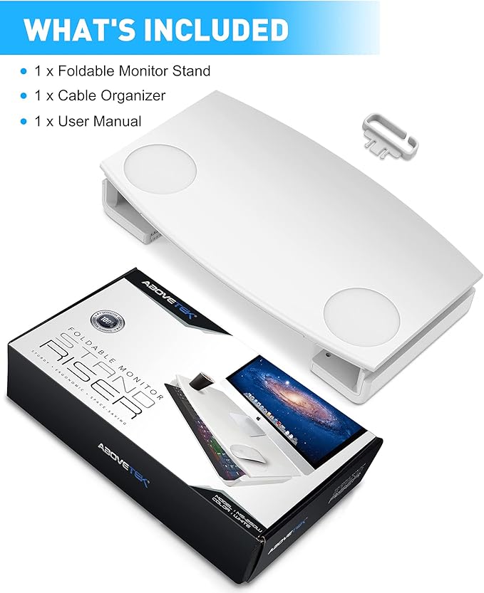 AboveTEK Monitor Stand Riser, Foldable Computer Monitor Riser with Drawer, Height Adjustable Computer Monitor Stands and Risers, Phone Stand for PC, Desktop, Laptop, Printer Save Space (White)
