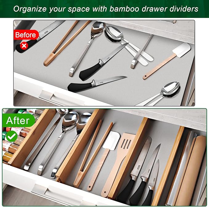 4 Pack Bamboo Drawer Dividers 2.6" High, Adjustable Length from 12 Inch to 17 Inch, Expandable Kitchen Drawer Organizer Separators for Clothes, Kitchen, Bedroom, Dresser, Office (Beige)