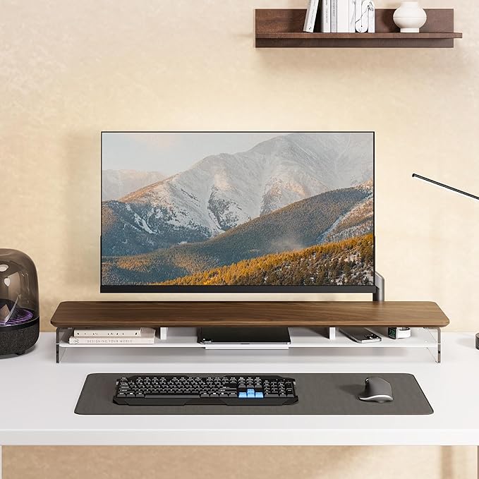 Fenge Acrylic Monitor Stand, 42.5 Inch Clear Dual Monitor Riser with Metal Storage, 2 Tier Computer Riser with LED Lights for Desk, Laptop, Printer, TV