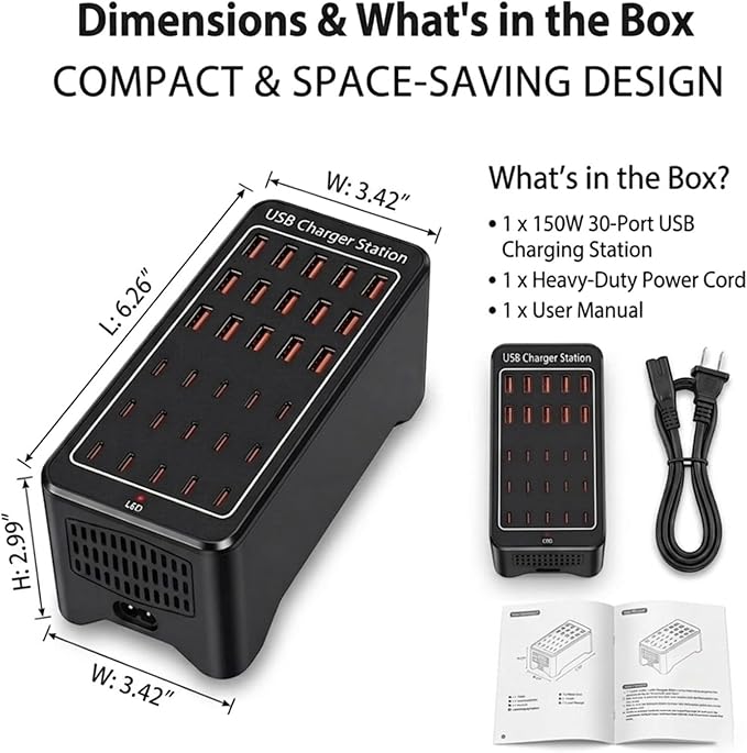 150W USB C Charging Station, 30 Port Fast Multi Device Charger (15 USB-C + 15 USB-A) Desktop Charger Hub, Compatible with iPhone Samsung iPad Google Pixel Tablets & Other USB Electronics
