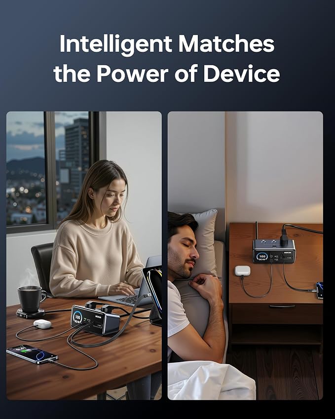 MOKiN 8-in-1 Charging Station, 3 USB-C,2 USB-A,3 AC, GaN Desktop Charger Station with Retractable Cable, 1500J Surge Protector Power Strip for iPhone 17/16,MacBook Pro, Laptop,Gaming Desk Accessories