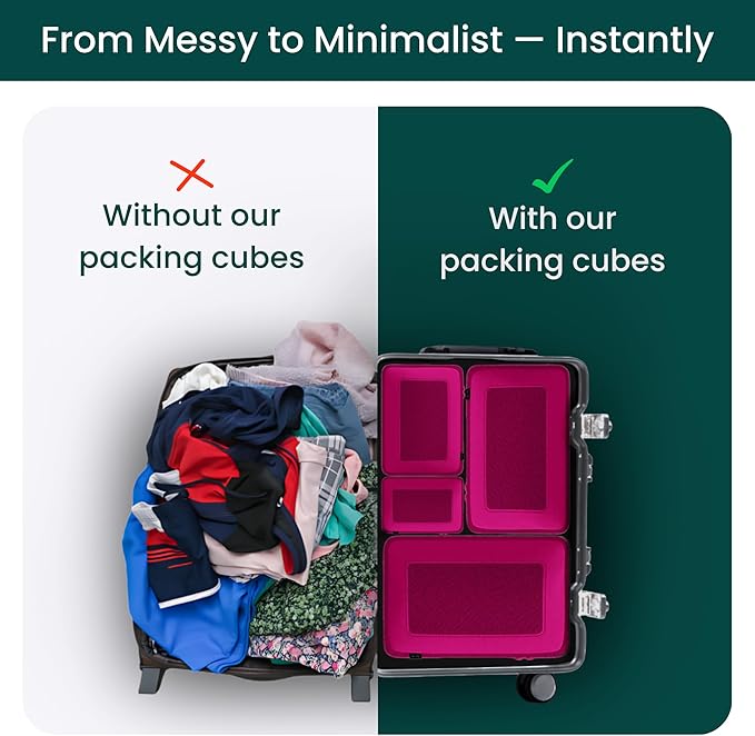 NOBL Travel Compressible Packing Cubes Set, 6 Pieces Travel Packing Organizers, Compression Luggage Cubes for Suitcases & Carry On, Space Saving (XXS, XS, S, M, L, XL) - Hot Pink