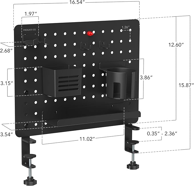 Mount-It! Clamp-On Pegboard Organizer | Adaptable Desk Storage for Home Office, Gaming & Crafting | Easily Organize Essentials with Shelf, Cup Holder & Hooks (Black)