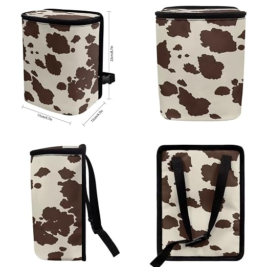 Brown Cow Car Trash Can with Lid Collapsible Reusable Waterproof Car Garage Bag, Cow Print Automotive Garbage Can, Car Accessories Interior Car Organizer with Adjustable Straps