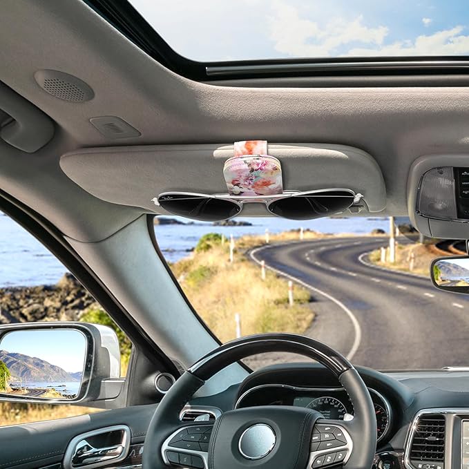 Sunglasses Holder for Car Visor, Magnetic Leather Car Sunglass Holder, Car Sun Visor Glasses Hanger Clip, Car Interior Accessories for Women Men, Fits All Size Eyeglasses