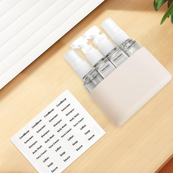 Skycase Travel Bottles - Leak Proof Refillable Tsa Approved Travel Size Toiletries, 4 in 1 Liquid Bottles Containers with Labels and Funnel Airplane Accessories Kits for Lotion Liquid (White)