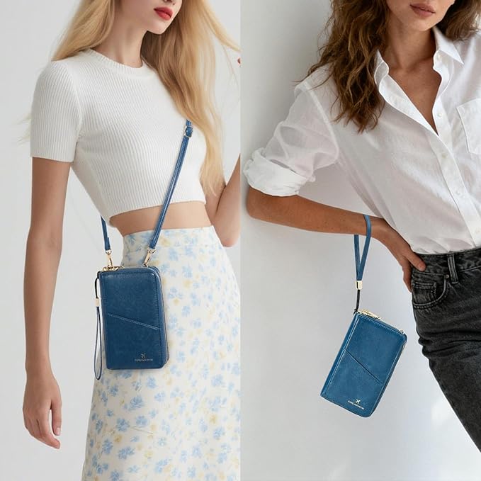 GOIACII Passport Wallet Travel Crossbody Bags for Women Wristlet Phone Purse Double Zip Vegan Leather Blue