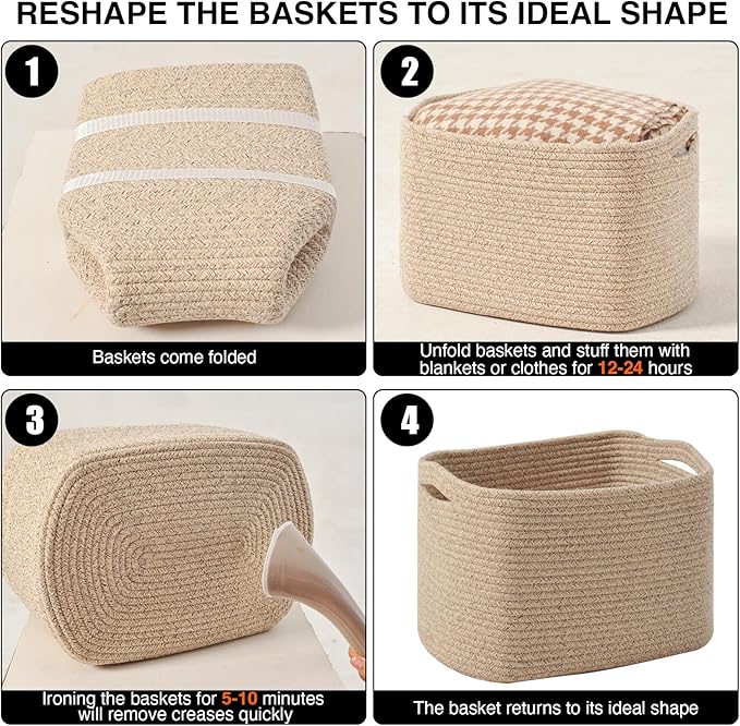 ICERZCZ Decorative Storage Baskets for Organizing Shelves, Toy Basket for Nursery, Woven Cotton Rope Baskets for Decor, Towel Basket for Bathroom, 15"x11"x9.5", 3 Packs, Brown