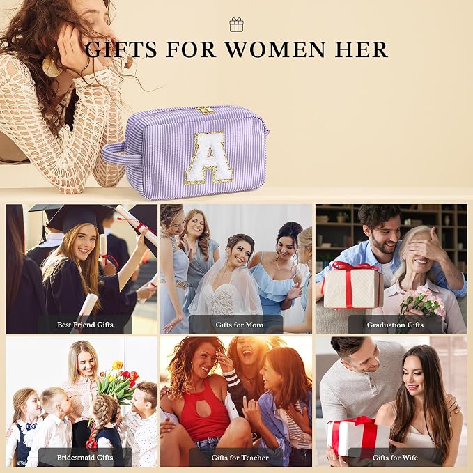 YOOLIFE Gifts for Women Teen Girls - Initial Makeup Bag Cosmetic Bag Toiletry Pouch, Personalized Birthday Gifts for Women Girls Mom Daughter Sister Friends, Purple A