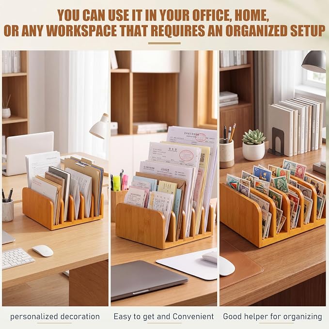 Lineshading Bamboo Letter Organizer, 5 Compartments Desk Mail Organizer, Desktop Envelope Holder and Letter Sorter, Countertop Paper File Holders with Anti Slip Mat for Home Office(Yellow)