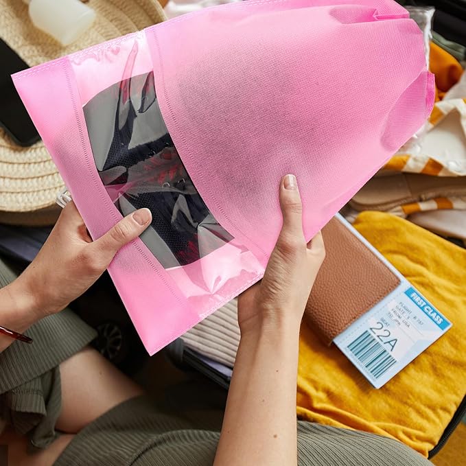 Large Pink Travel Shoe Bags - 10 Pcs, Non-Woven Drawstring with Clear Window (12.6" X 17.3")