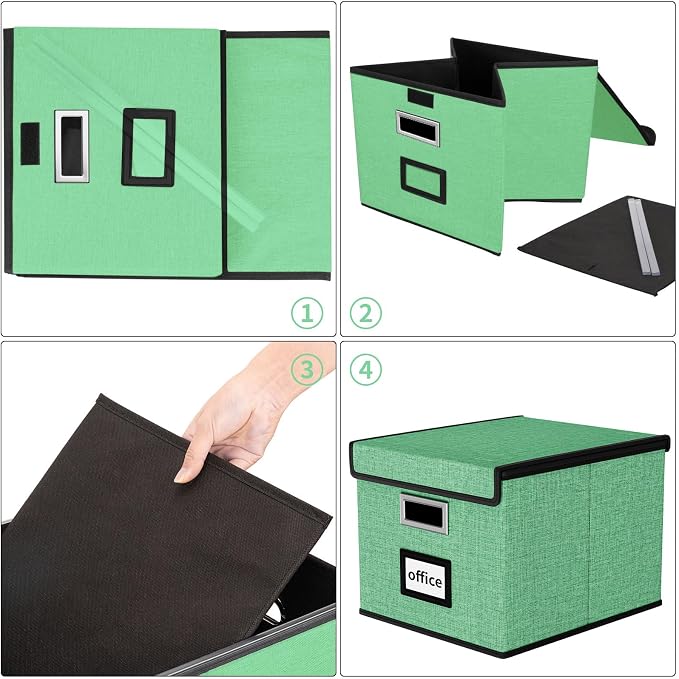 File Organizer Box with Lid, Collapsible File Folder Organizer for Office Document Storage, Filing Box with Plastic Slide for Letter Size Hanging File Folders(1 Pack, Light Green)